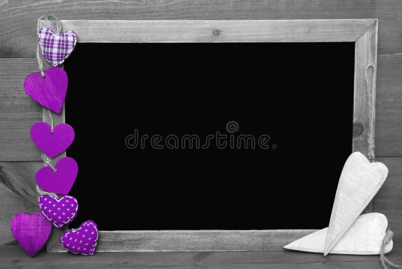 Black And White Blackbord With Purple Hearts, Copy Space