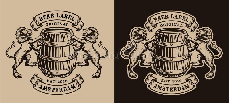 A black and white brewery emblem with a barrel and lions