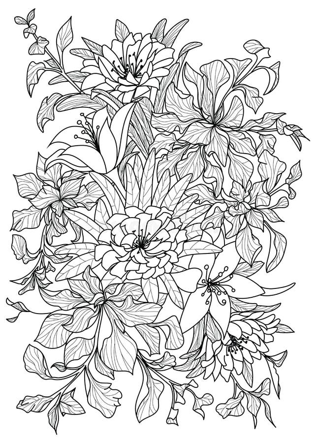 Black and White Bunch of Flowers Adult Coloring Design Stock