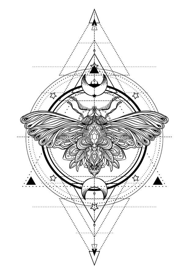 Black and white butterfly over sacred geometry sign, isolated vector illustration. Tattoo sketch. Mystical symbols and