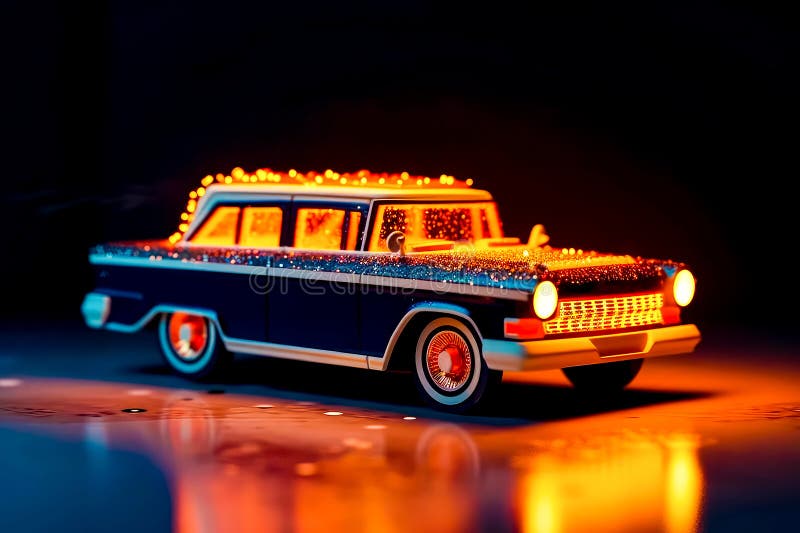 Black and White Car with Lights on it S Roof and Windows. Generative AI