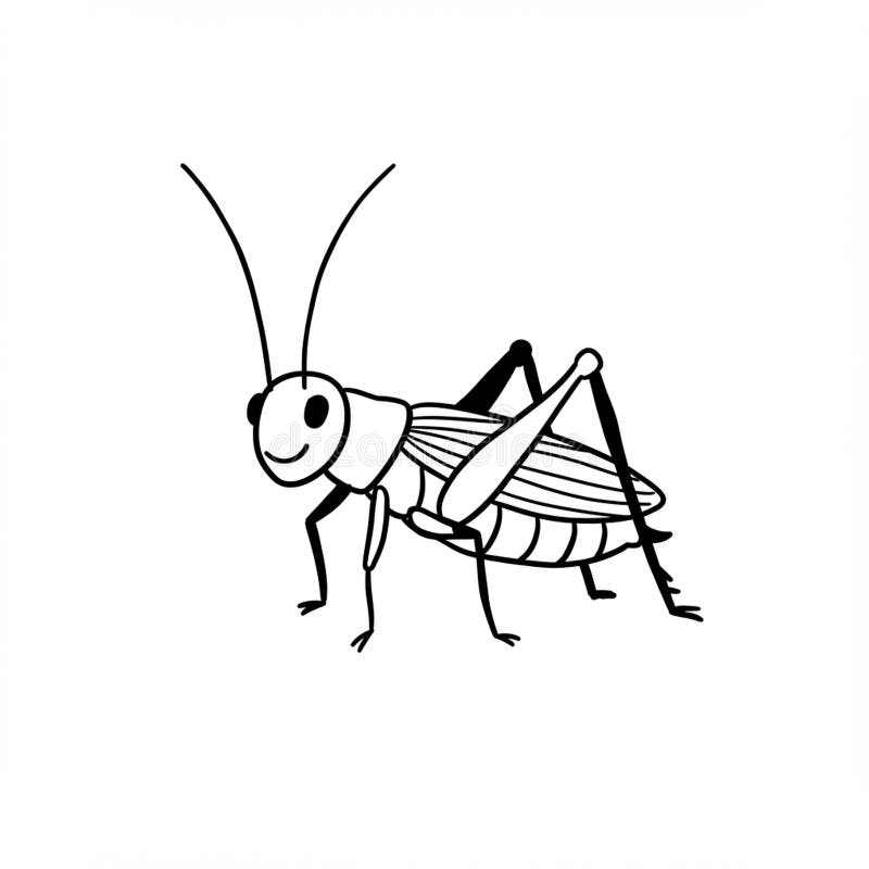 Black and white cartoon illustration of a cricket with an exaggerated smile. Features stock illustration
