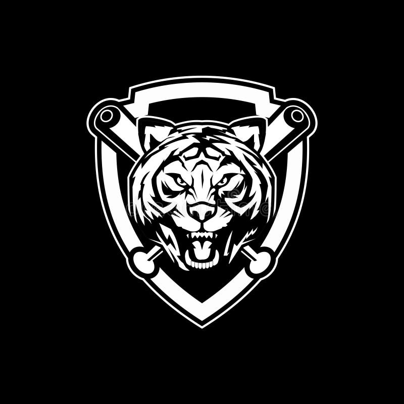 Black and white cartoon tiger head vector for baseball club badge logo template