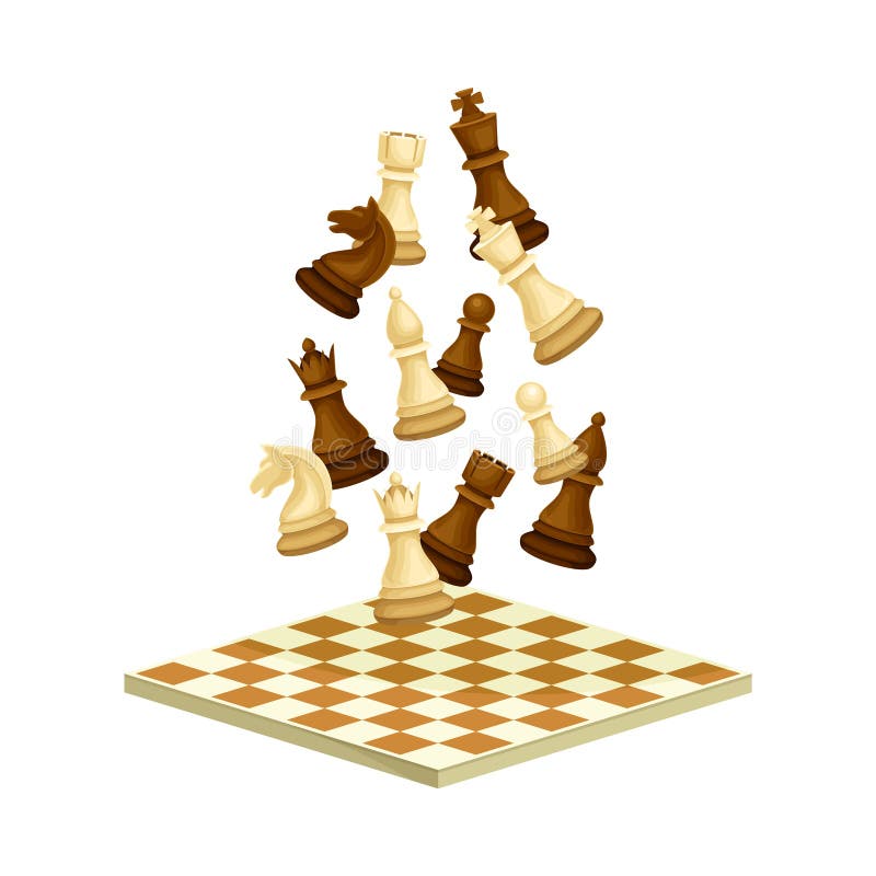Black and White Chess Piece or Chessman Floating Above Checkered Chessboard Vector Illustration