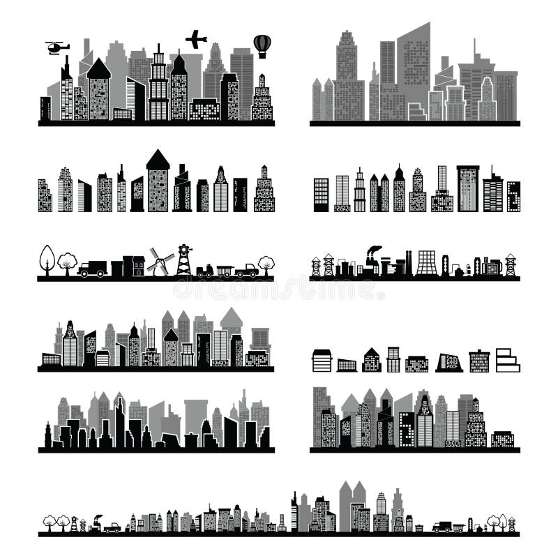 Black and White City Skyline Collection. Vector Illustration Decorative