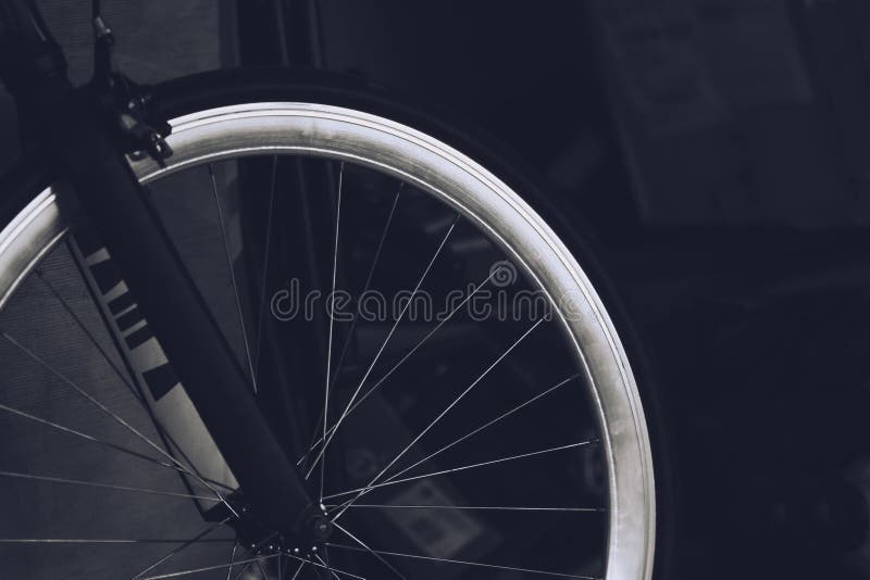 Black and White Close Up of Details Front Bicycle Wheel Spokes Stock