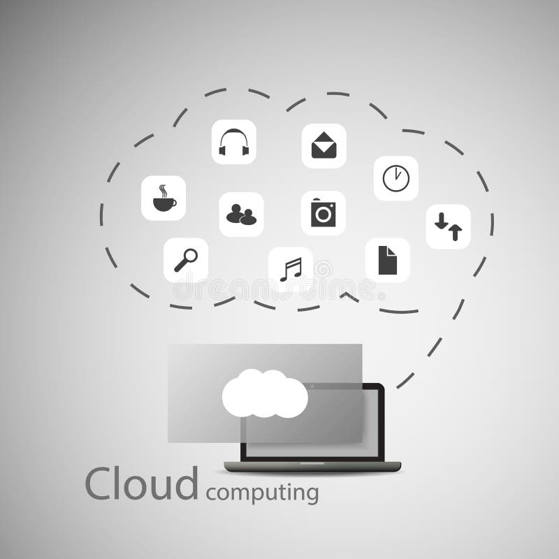 Cloud Computing Concept. Black and White Cloud Computing and Big Data Concept Design with Notebook PC, Transparent Layer and Icons Cloud Representing Different Kinds of Digital Data and Online Services - Illustration in Editable Vector Format