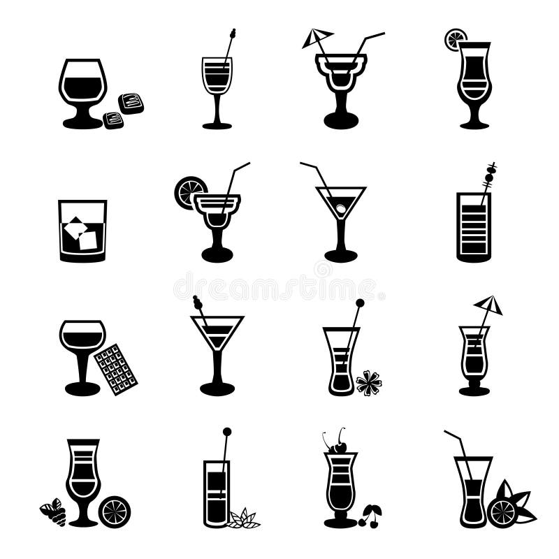 Black and white cocktail icons set