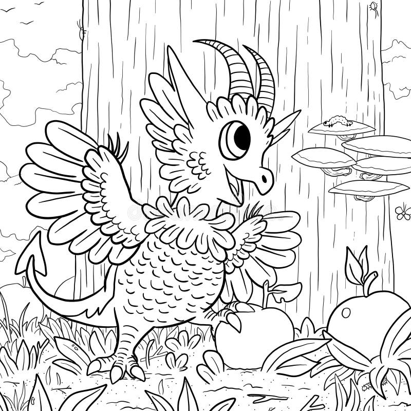 Black and White Coloring Page Ink Illustration of a Dragon Stock Image
