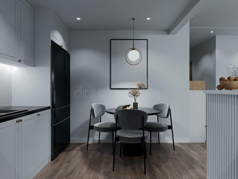 Black and White Combination Interior in Modern Kitchen Dining Space