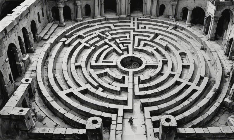 Black and white complex, intricate maze with multiple levels and pathways, creating sense depth and royalty free illustration