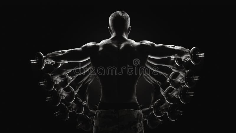 Black and white conept image Dumbbell Lateral Raise Bodybuilder turning back raising hands pumping up shoulders muscle exercise Power Partials routine with dumbbells on gym Dramatic studio shot. Black and white conept image Dumbbell Lateral Raise Bodybuilder turning back raising hands pumping up shoulders muscle exercise Power Partials routine with dumbbells on gym Dramatic studio shot