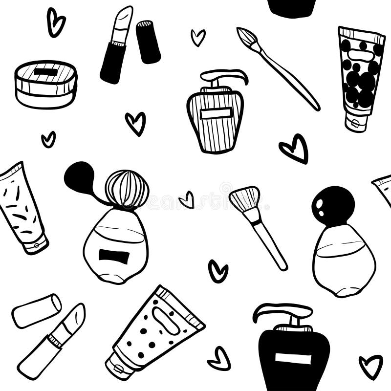 Black and White Cosmetics, Perfume and Makeup Seamless Pattern Stock