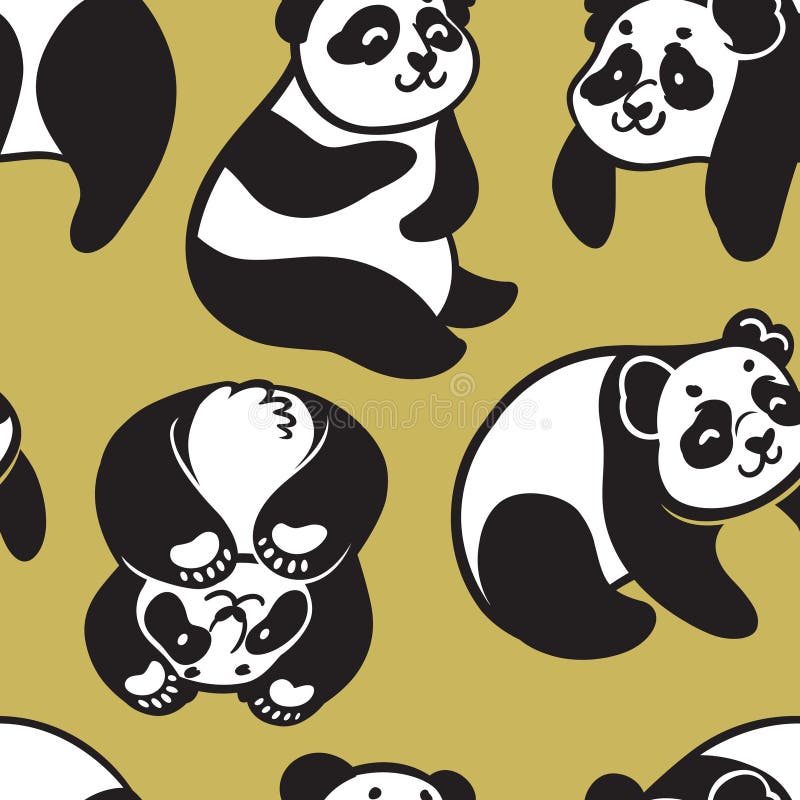 Black and white cute cartoon pandas on gold. Seamless pattern in vector royalty free illustration