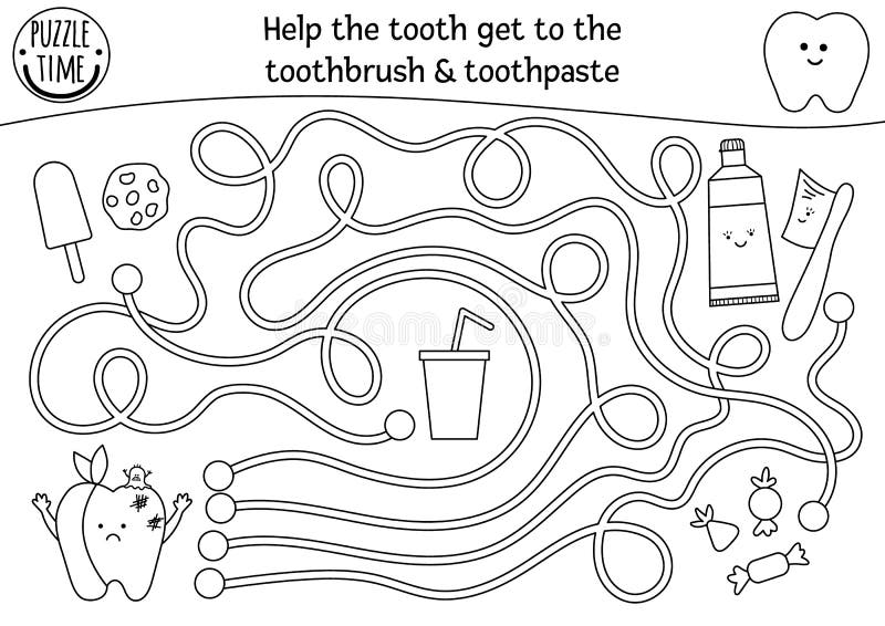 Black and white dental care maze for children. Preschool medical outline activity. Funny puzzle game or coloring page. Help ill