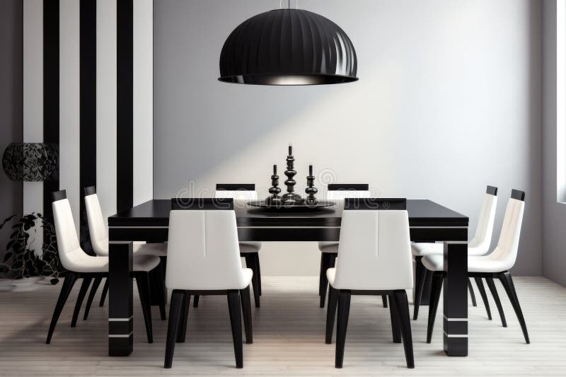 A Black and White Dining Table with Minimalistic Chairs in a Welllit