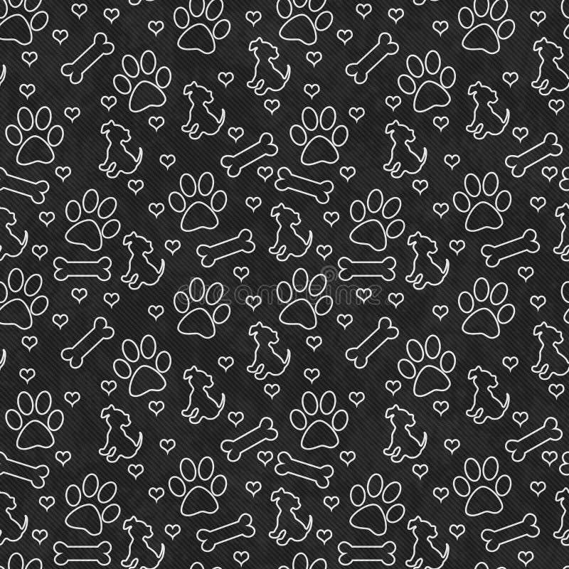 Black and White Dog Paw Prints, Puppy, Bone and Hearts Tile Pattern Repeat Background that is seamless and repeats. Black and White Dog Paw Prints, Puppy, Bone and Hearts Tile Pattern Repeat Background that is seamless and repeats