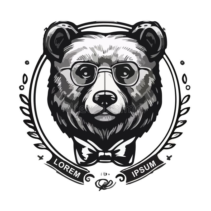 Black and White Drawing of a Bear with Glasses in Logo Style. for Your ...