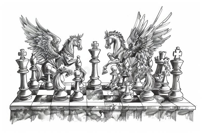 A black and white drawing of a chess game in progress royalty free stock images