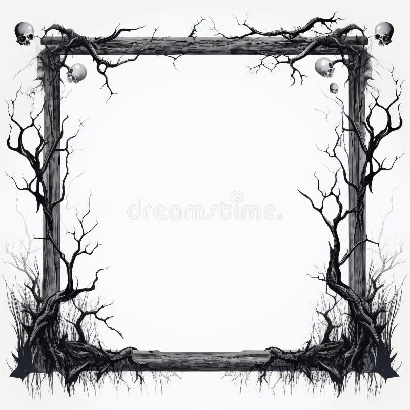 A Black and White Drawing of a Frame with Skulls and Branches Stock ...