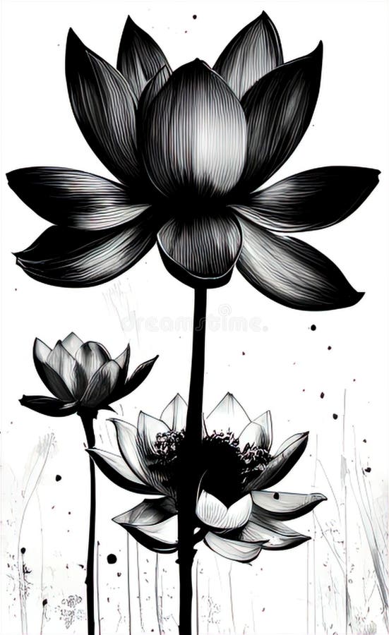 black and white drawing of a lotus flower close-up, monochrome graphics