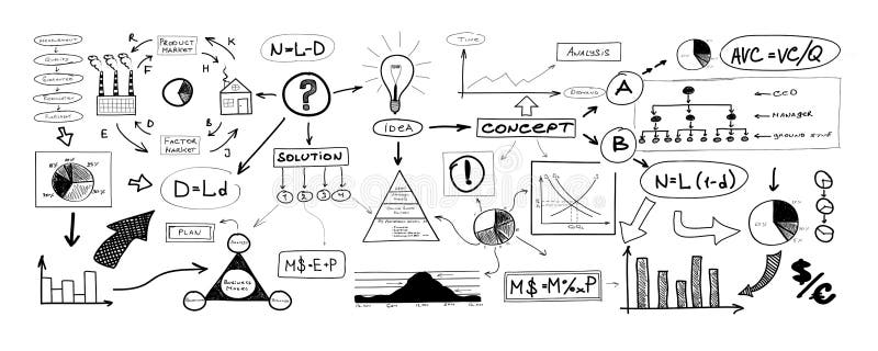 Black and white drawing of many different business elements stock illustration Black and white drawing of many different business elements stock illustration