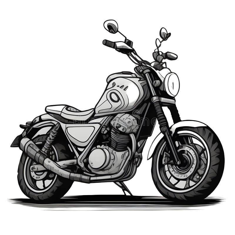 A black and white drawing of a motorcycle on a white background. vector illustration