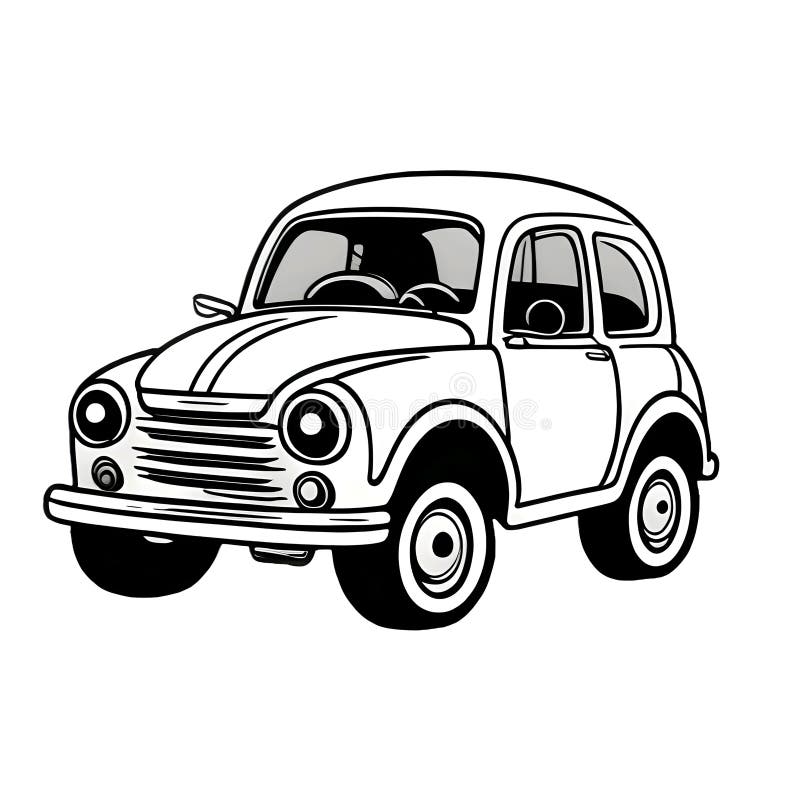 A black and white drawing of a small car on a white background. royalty free illustration
