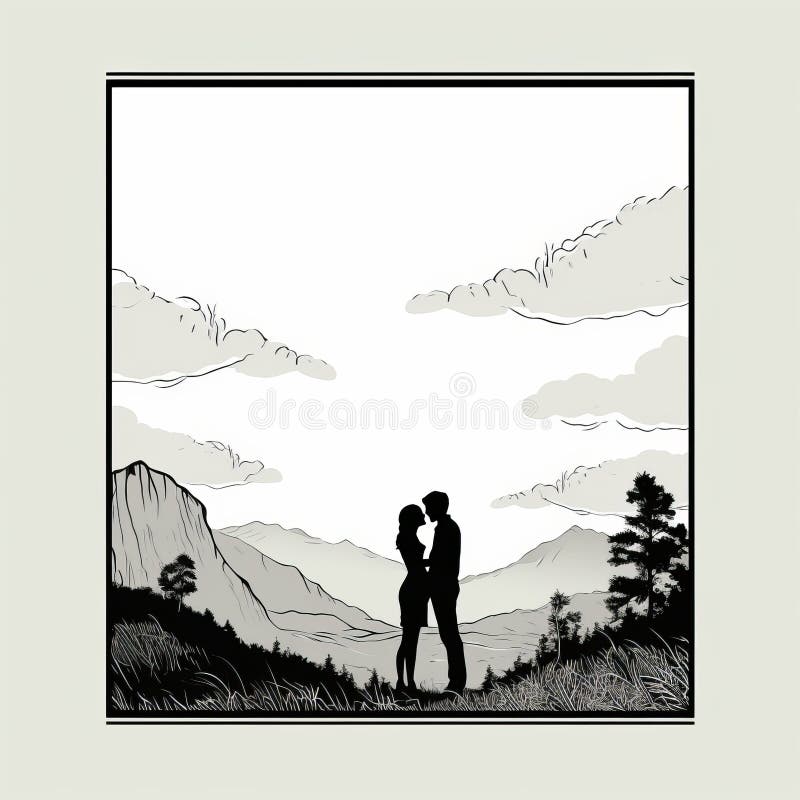 A Black and White Drawing of Two People Kissing in the Mountains Stock ...