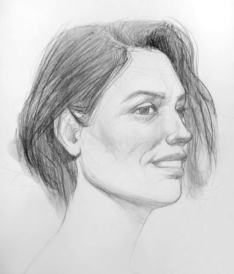 Black and white drawing of a woman face with a slight smile
