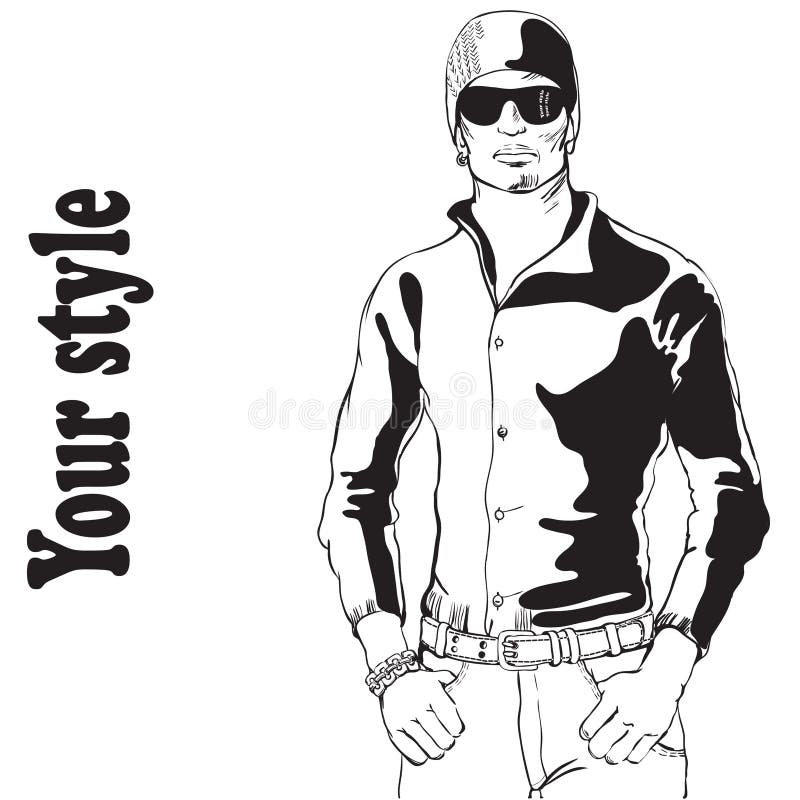 Black and white drawing of a young modern man royalty free illustration