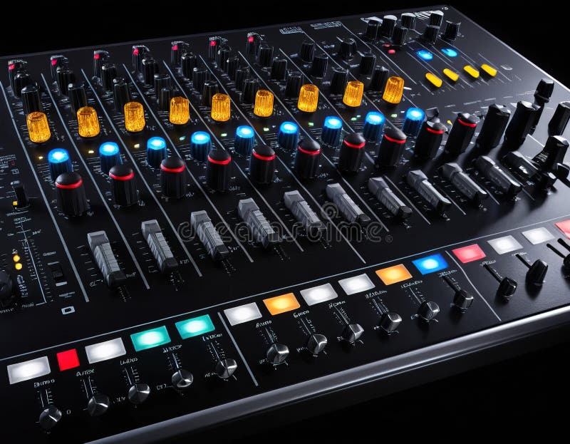 A black and white electronic instrument panel with many buttons and knobs stock illustration.