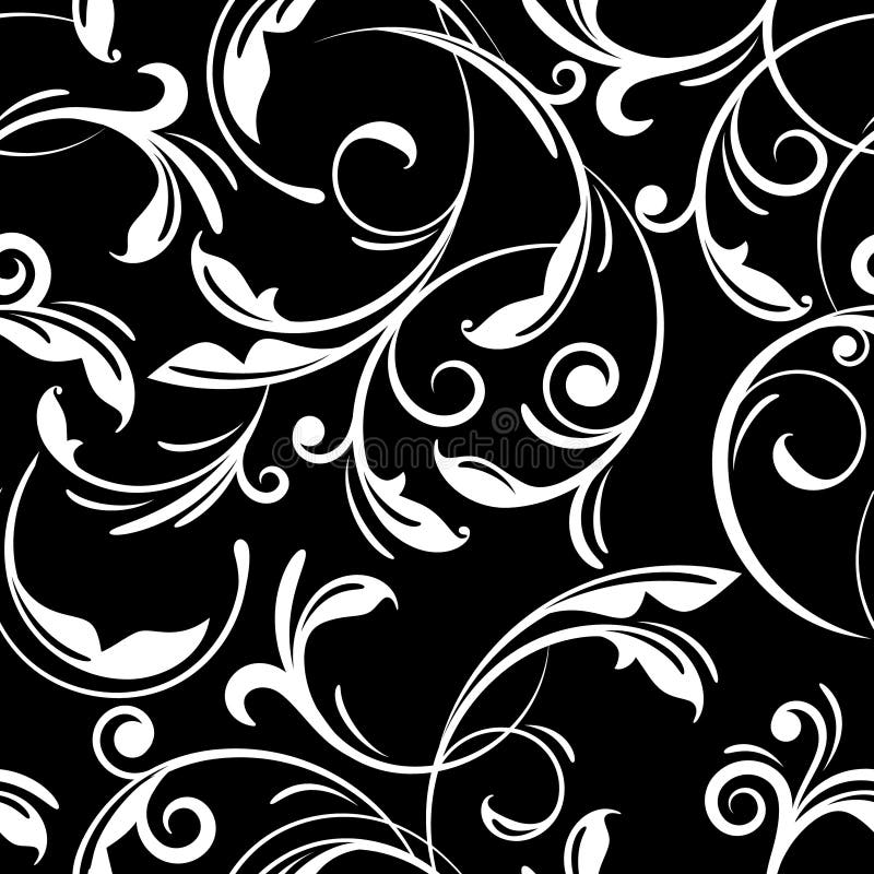 Black and white elegant floral swirls seamless pattern, vector