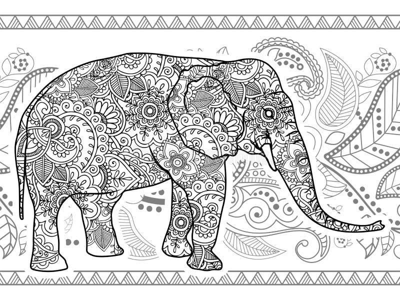 black and white elephant hand drawn doodle animal paisley adult stress release coloring page zentangle