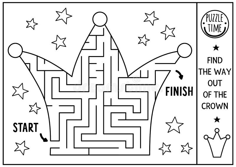 Black and white fairytale maze. Magic kingdom preschool line printable activity. Fairy tale geometric labyrinth game or puzzle