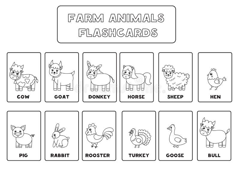 Black and White Farm Animal Flashcards for Kids. Stock Vector -  Illustration of rabbit, goose: 251530035