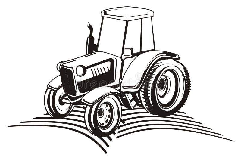 Not Colored Tractor and Field Stock Illustration - Illustration of work ...