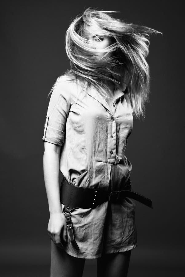 Black and white fashion portrait of young woman