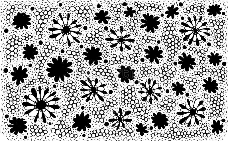 Black and white floral meadow. Flower pattern background. Ink drawing. Doodle art. Vector artwork