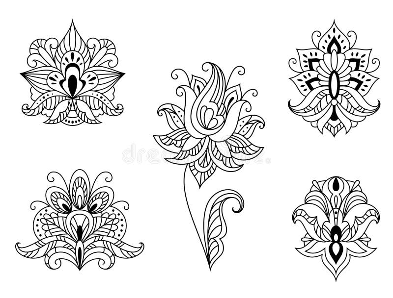 Black and white floral motifs of Persian paisleys