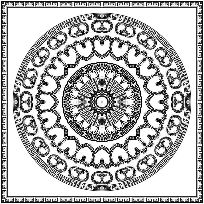 Black and white floral round mandala with square frame. Greek ornaments. Decorative beautiful patterns. Vector ornamental
