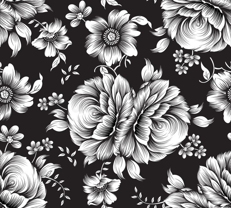 Black and White Flower Seamless Pattern on Black Background Stock