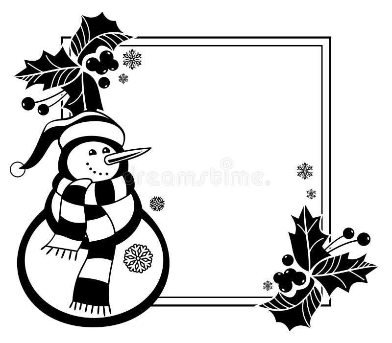 Black and white frame with funny snowman and holly berries silhouettes. Copy space. Raster clip art. Black and white frame with funny snowman and holly berries silhouettes. Copy space. Raster clip art.
