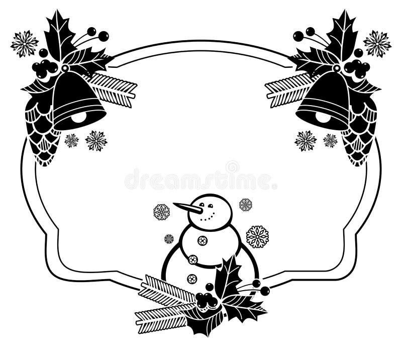 Black and white frame with funny snowman, holly berries and pine cones silhouettes. Copy space. Raster clip art.