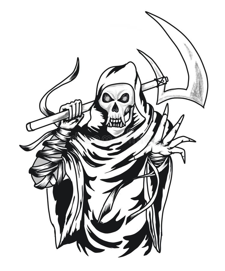 Black and White Grim Reaper Tattoo Design Sketch Drawing Illustration ...