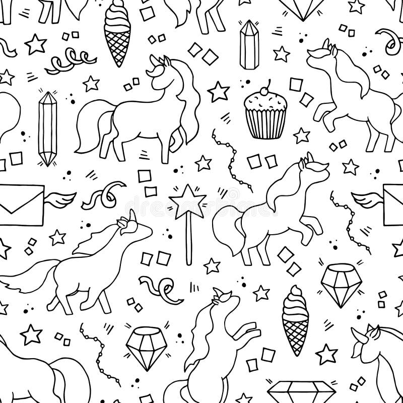 Black and White Hand Drawn Seamless Pattern with Unicorns. Stock Vector Illustration of