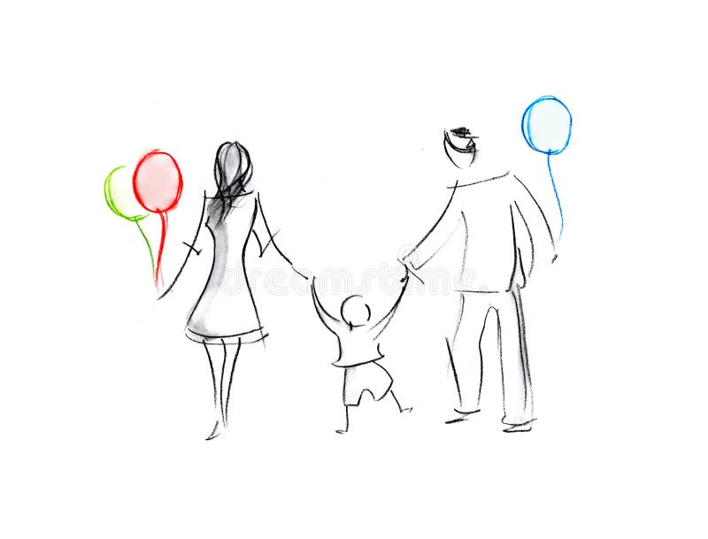 Black&White Happy Family Members Walk. vector illustration