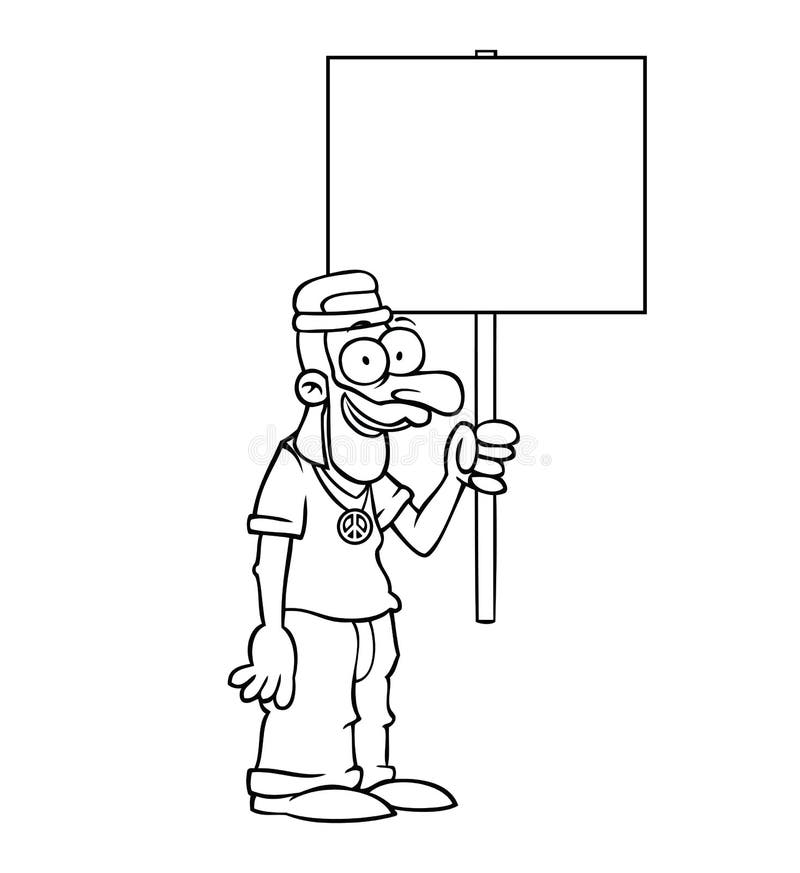 Black and white happy hippie with protest sign royalty free illustration