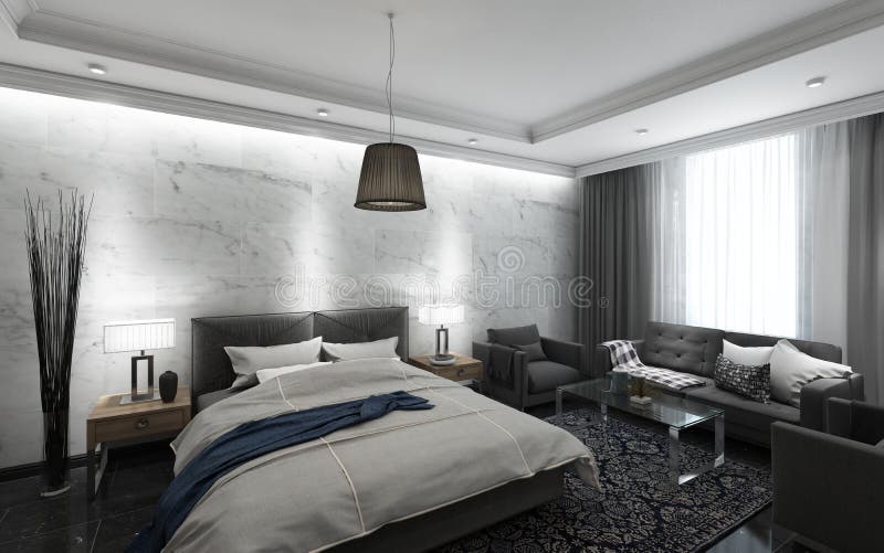 Black and White Hotel Room stock illustration. Illustration of indoors