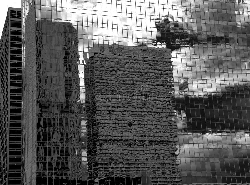 Black and white Houston Texas downtown mirror buildings